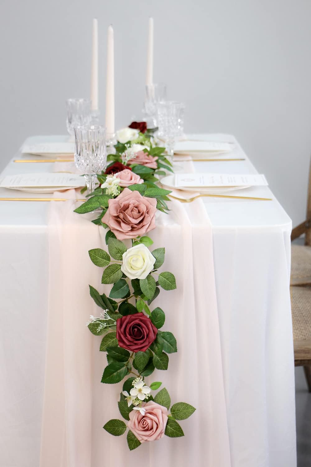 PONATIA 5FT Burgundy Artificial Flowers Garland, Dusty Rose Flowers Garland for Wedding Ceremony