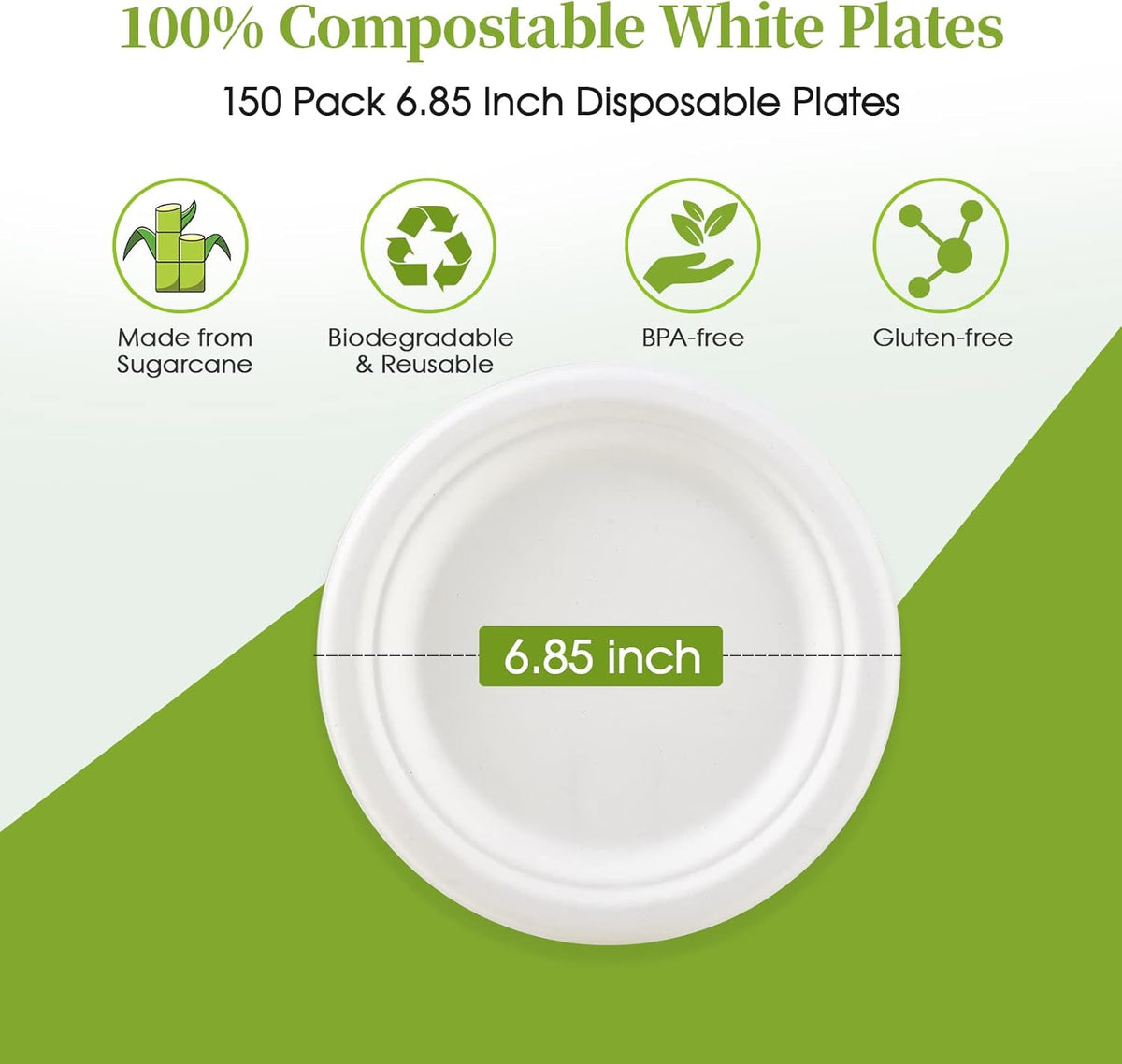 ECOLipak 6.85 Inch Compostable Dessert Paper Plates, 150 Pack Disposable Biodegradable Heavy Duty
