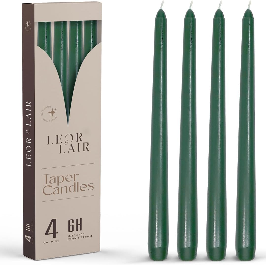 Leor & Lair Green Taper Candles - 4 Pack 10" Green Candlesticks for Christmas - Unscented Long