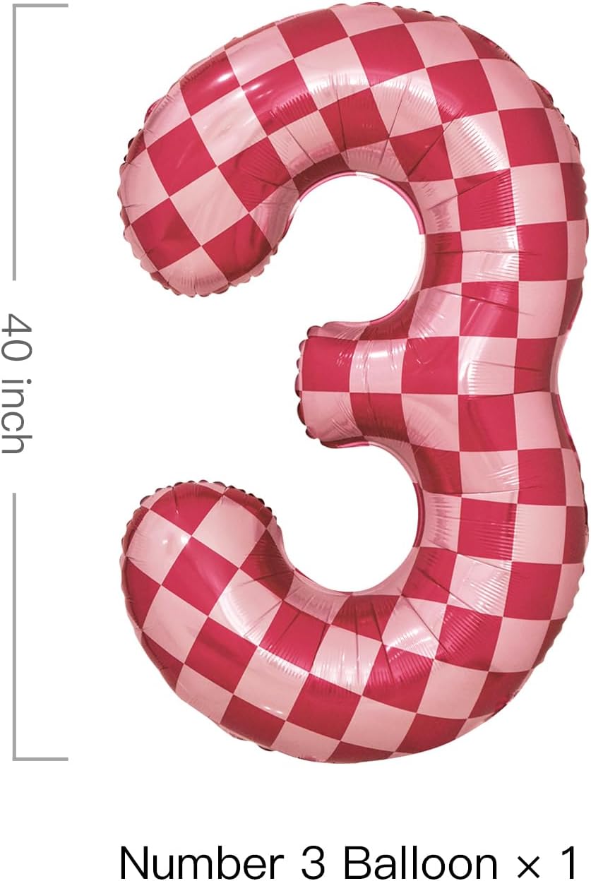 40 Inch Pink Checkered 3 Balloon Large Hot Pink Number Balloons for Girls 3rd Birthday Decorations
