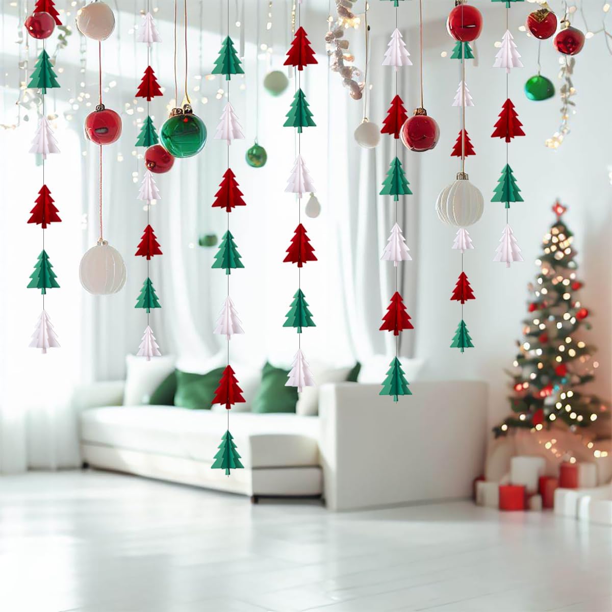 Red White Green Christmas Decorations - 23pcs Tissue Paper Flowers Pom Poms Tassel Garland Banner