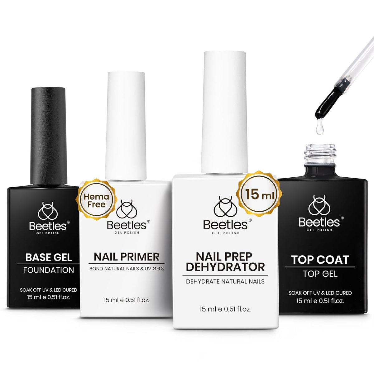 Beetles 4 Pcs 15ml Gel Top Coat and Base Coat Set with Nail Dehydrator and Primer,Professional Nail