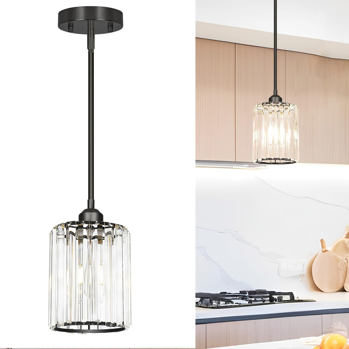 Black Kitchen Pendant Lights Over Island with Adjustable Rods - Crystal Pendant Lighting Fixtures