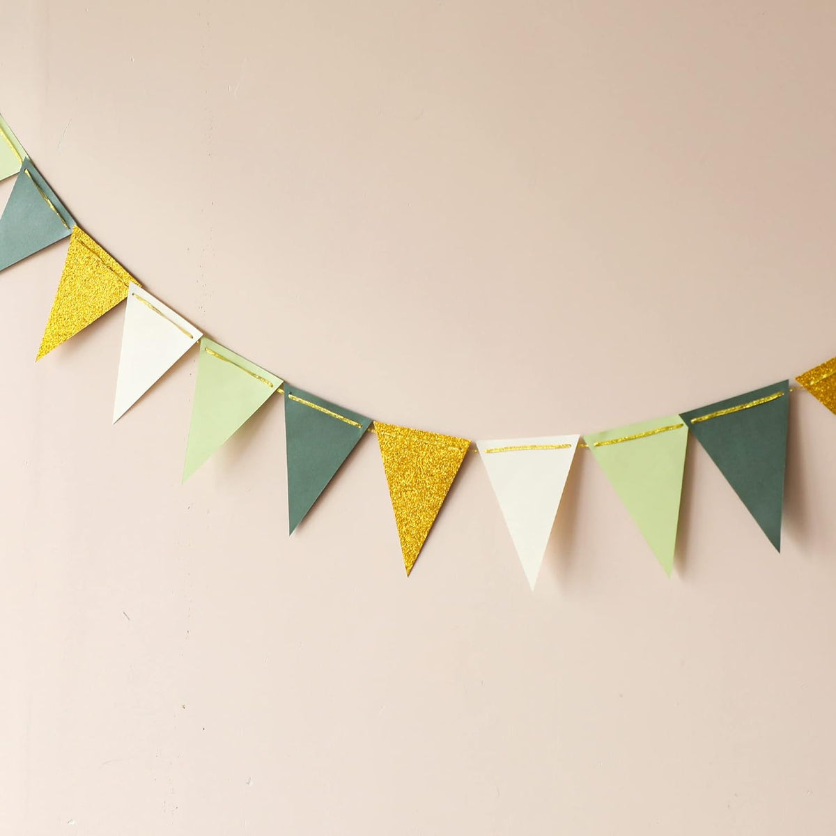 Fonder Mols Paper Pennant Party Decorations Large Gold Green(10 Feet), Triangle Flags Bunting