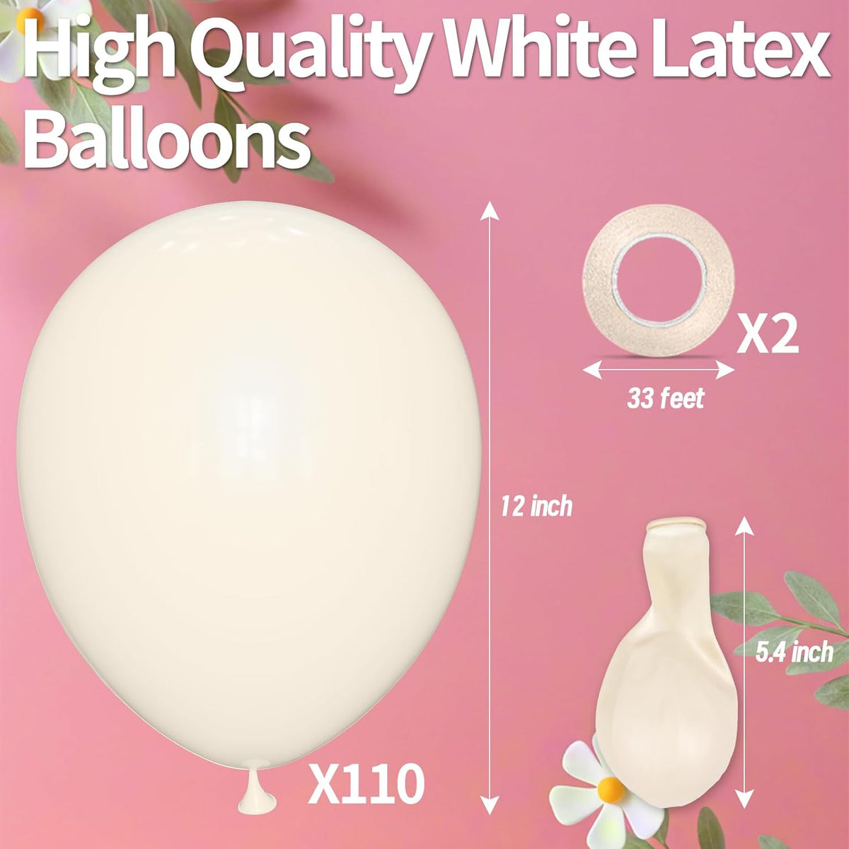 KAWKALSH Sand White Balloon 12 Inch, 110pcs Latex Party Balloons Helium Bright Color for Birthday