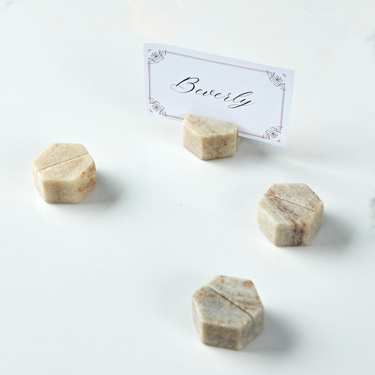 Marble Hexagon Place Card Holders, Unique Design Handmade Photo Display, Set of 4 Uniquely Textured