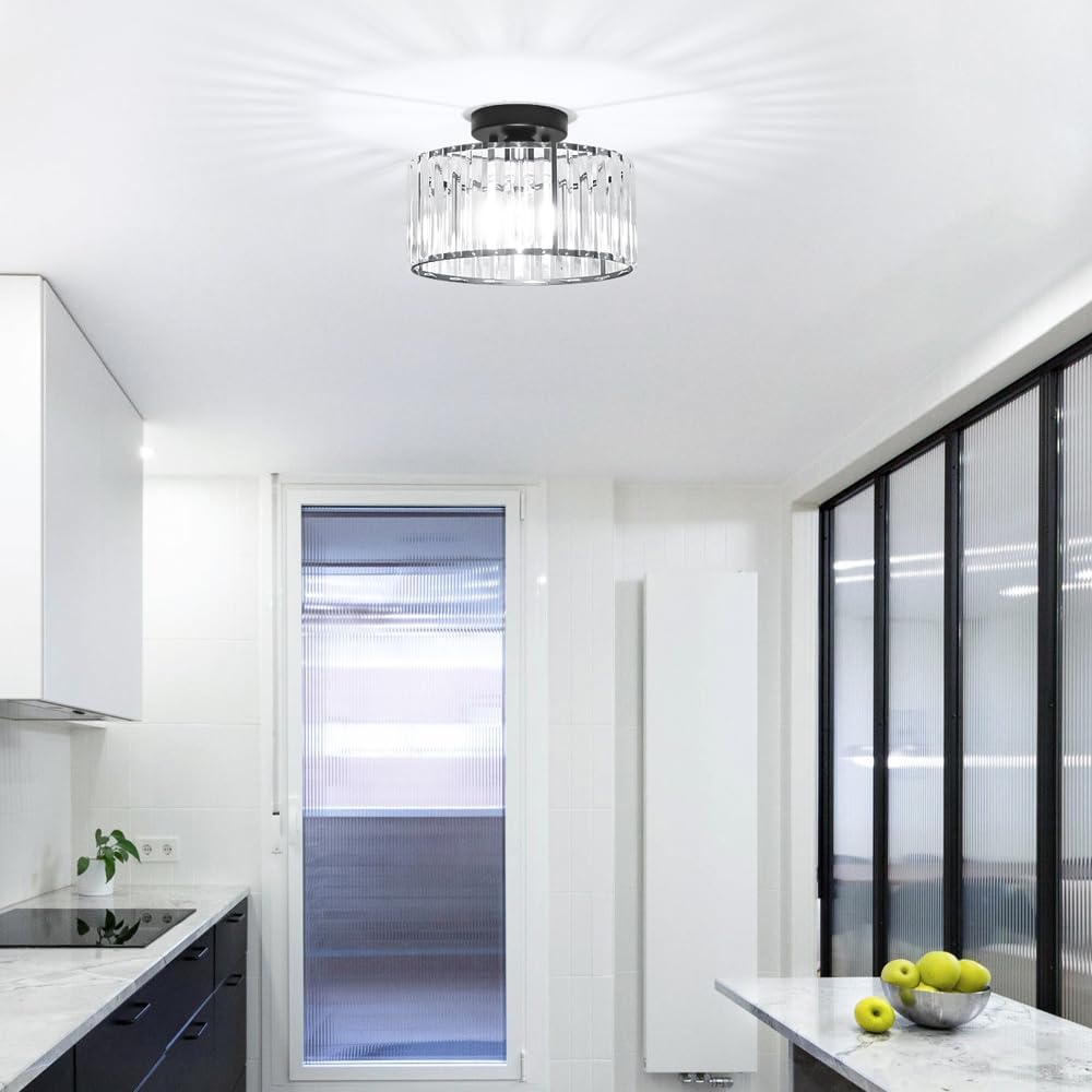 Crystal Ceiling Light Fixture, Modern Semi Flush Mount Ceiling Light, Black Close To Ceiling Light