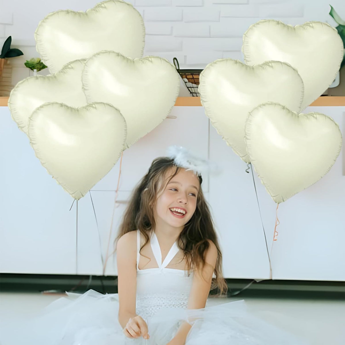 White Heart Ballloons,18 Inch Foil Love Heart Shaped Balloons 12Pcs Creamy White love balloon for