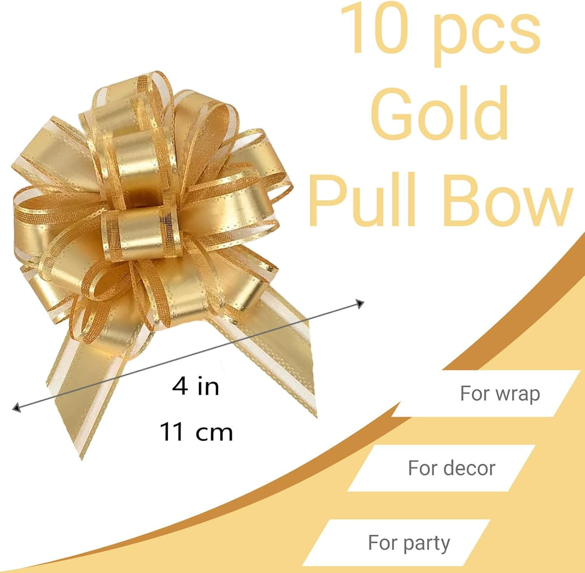 Small Pull Bows, 10 PCS 4 Inch Gold Gift Bows for Wrapping,Basket, Wedding,Birthday Party,Flower