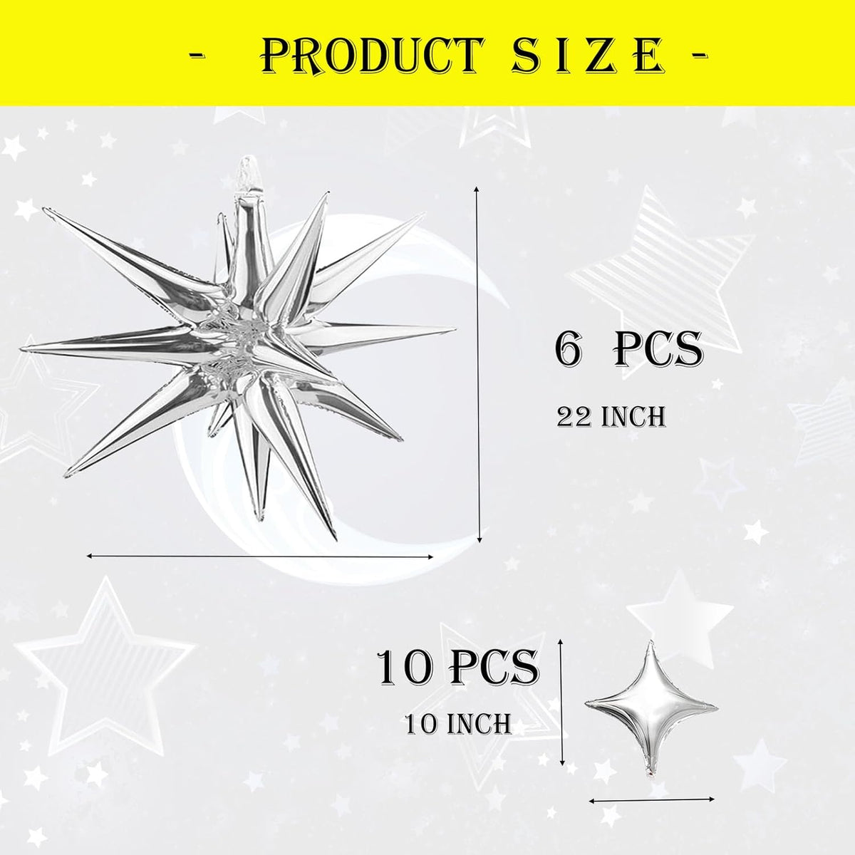 6 Pcs Explosion Star Foil Balloons- 12 Point Star Balloons,Silver Spike Balloons and 10Pcs Four