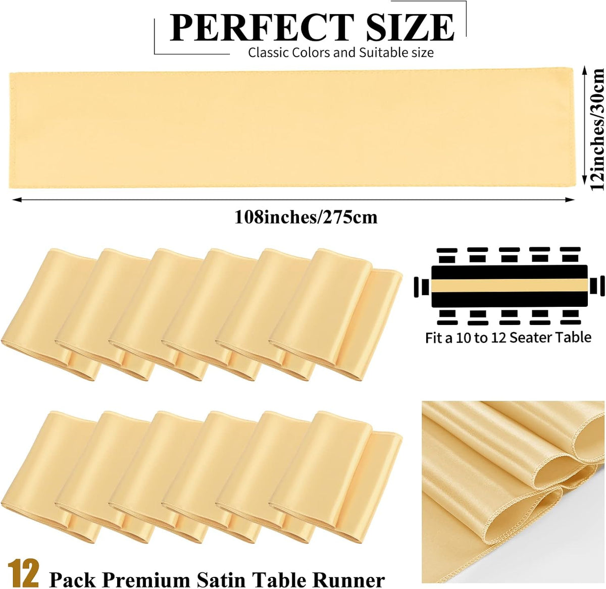 12 Pack Champagne Gold Satin Table Runner,12 x 108 inch Long Premium Smooth Table Runner for
