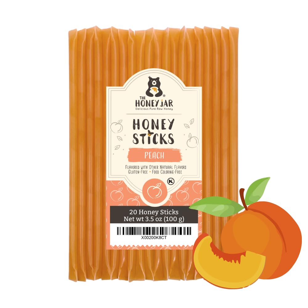 The Honey Jar Peach Flavored Honey Sticks - Pure Honey Straws For Tea, Coffee, or a Healthy Treat