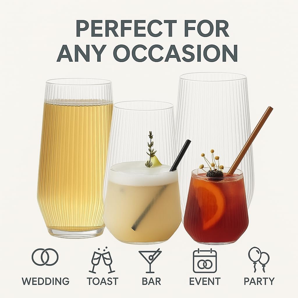 48 Pack Ribbed Origami Ripple Plastic Glasses, 24 9 Ounce Stemless Champagne Flutes & 24 12 Ounce
