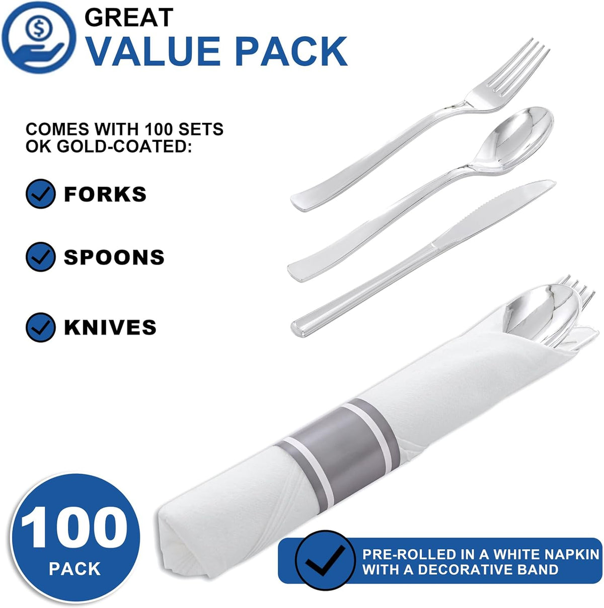 400PCS Pre Rolled Silver Plastic Silverware Sets - Heavy Duty Silver Cutlery - Include 100 Pack