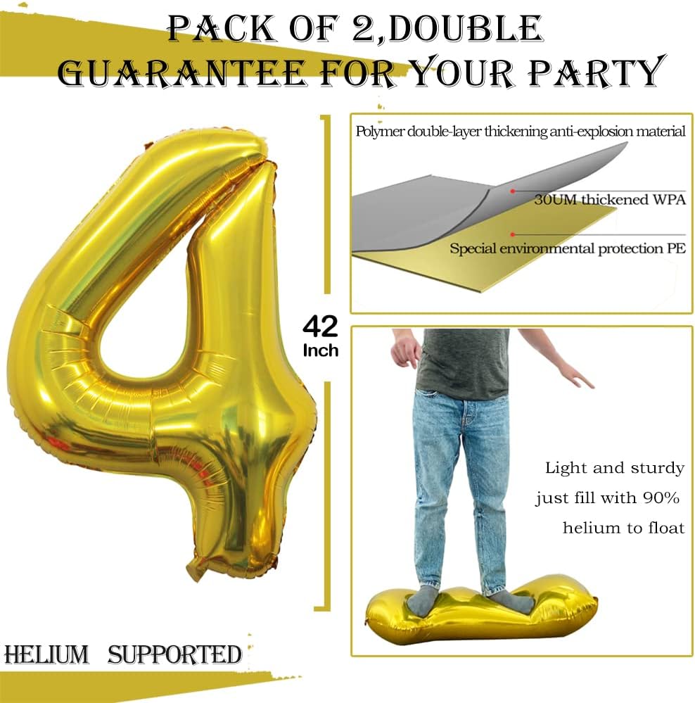 GOER Gold Foil Balloons Number 4,Huge Number Balloons for 4th 44th Birthday Party Supplies