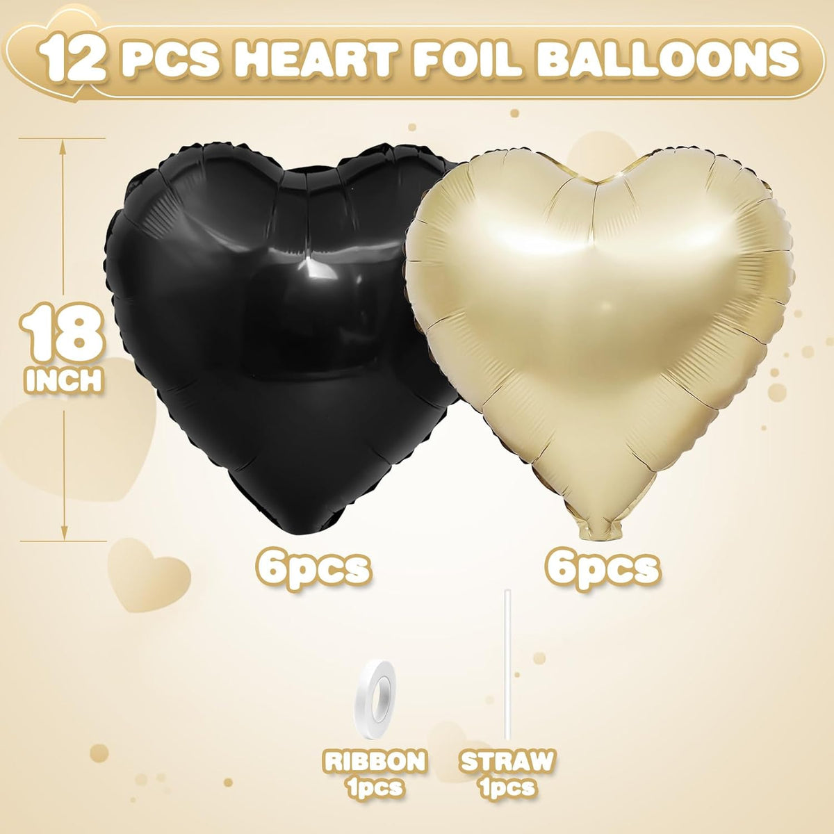 Black Gold Heart Balloons,12Pcs 18Inch Black Champagne Gold Heart Shaped Foil Helium Balloons for