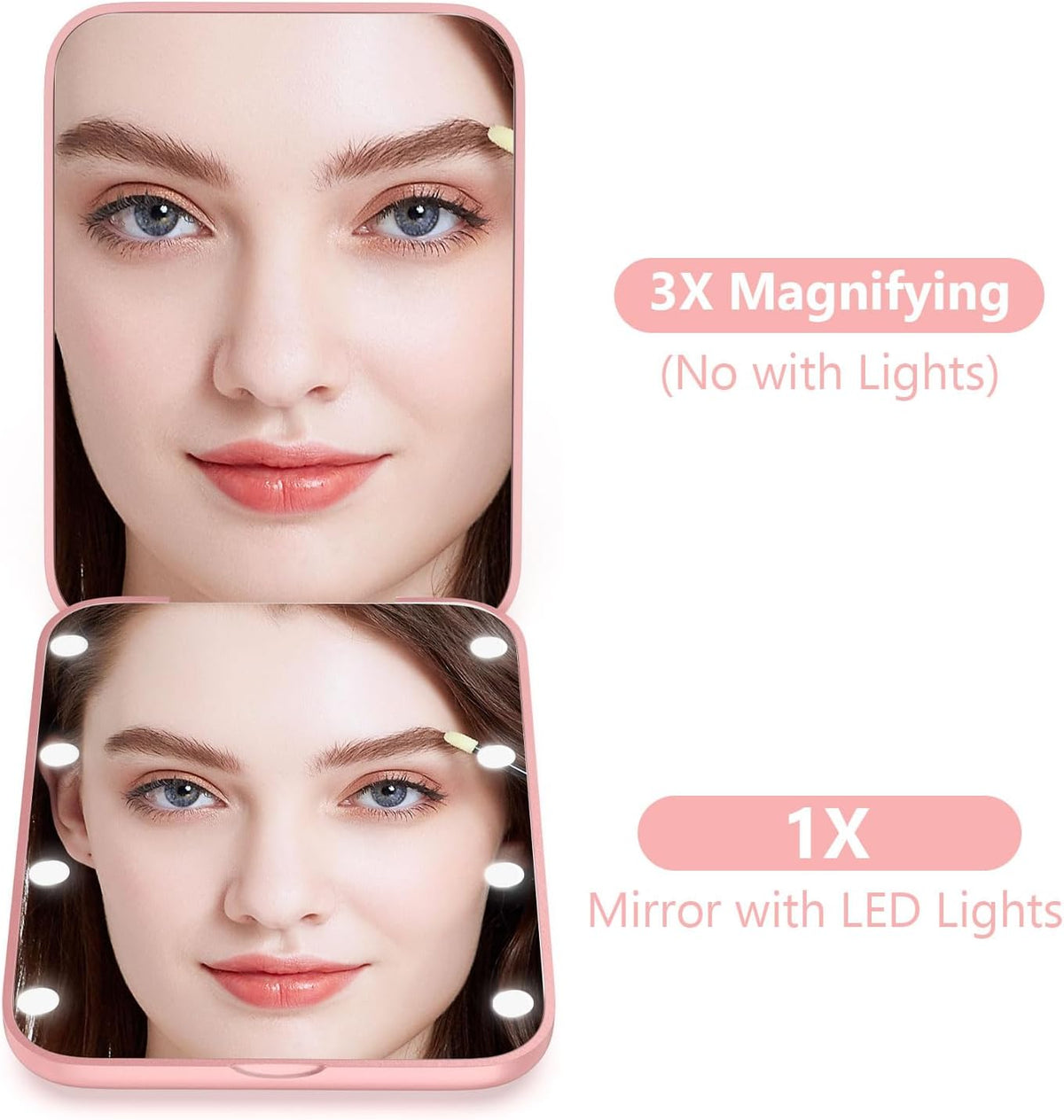 WOBSION Small Mirror with Lights,LED Compact Makeup Mirror,1x/3x Mini Travel Mirror with