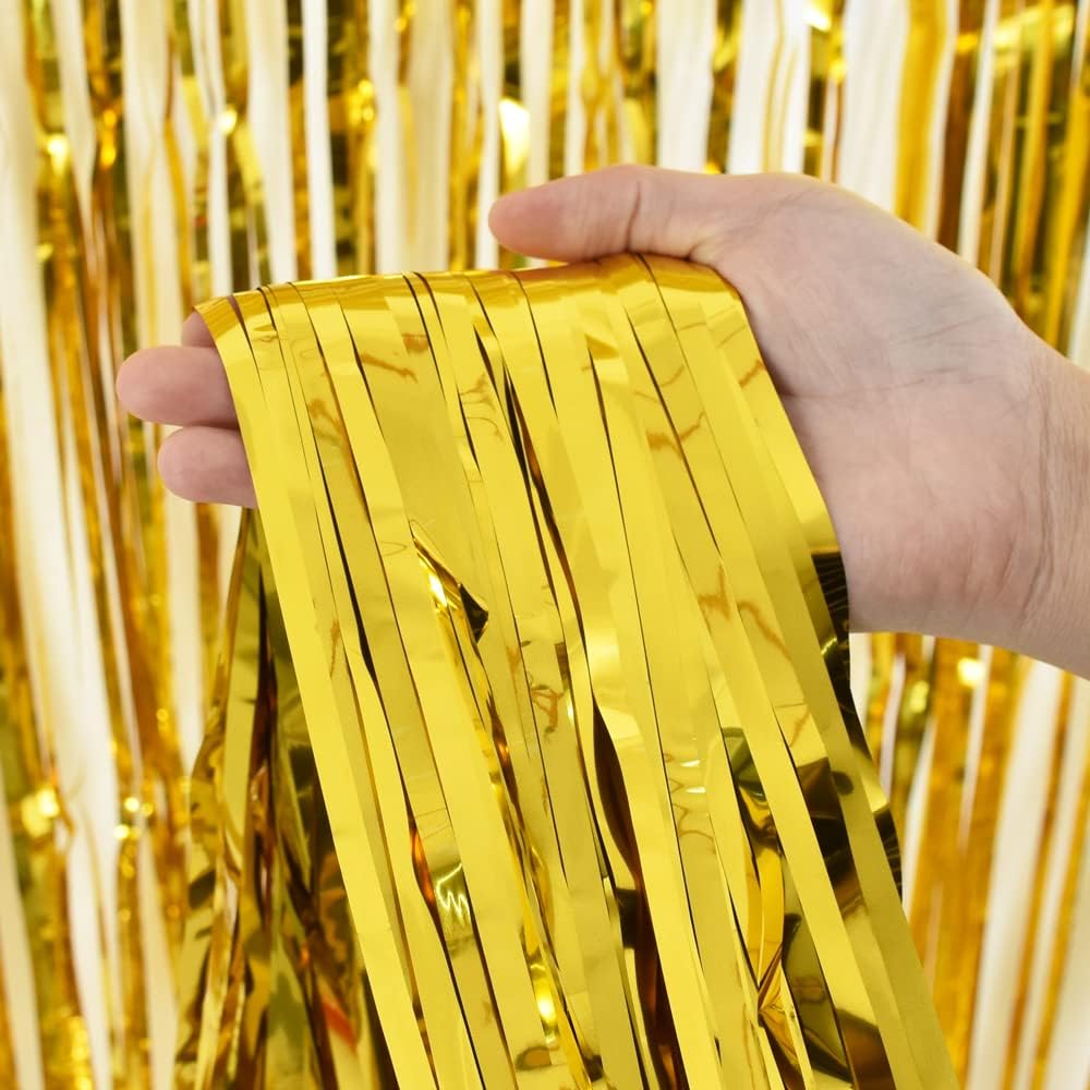 TONIFUL 2Pcs Gold Metallic Tinsel Foil Fringe Curtains,Gold Photo Booth Backdrop Streamer Curtain