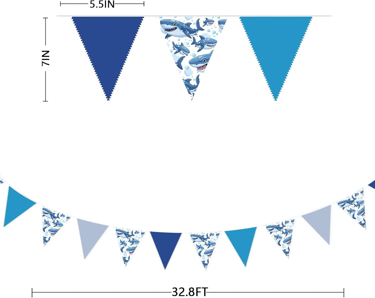 32Ft Shark Party Decorations Blue Cute Shark Triangle Flag Pennant Banner Fabric Garland Streamer