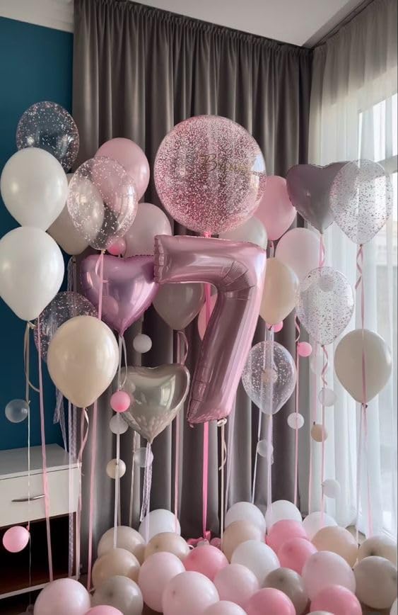Light Pink Number 7 Balloon 40 Inch Big Self Inflating Foil Number Balloons 0-9, Pastel Pink