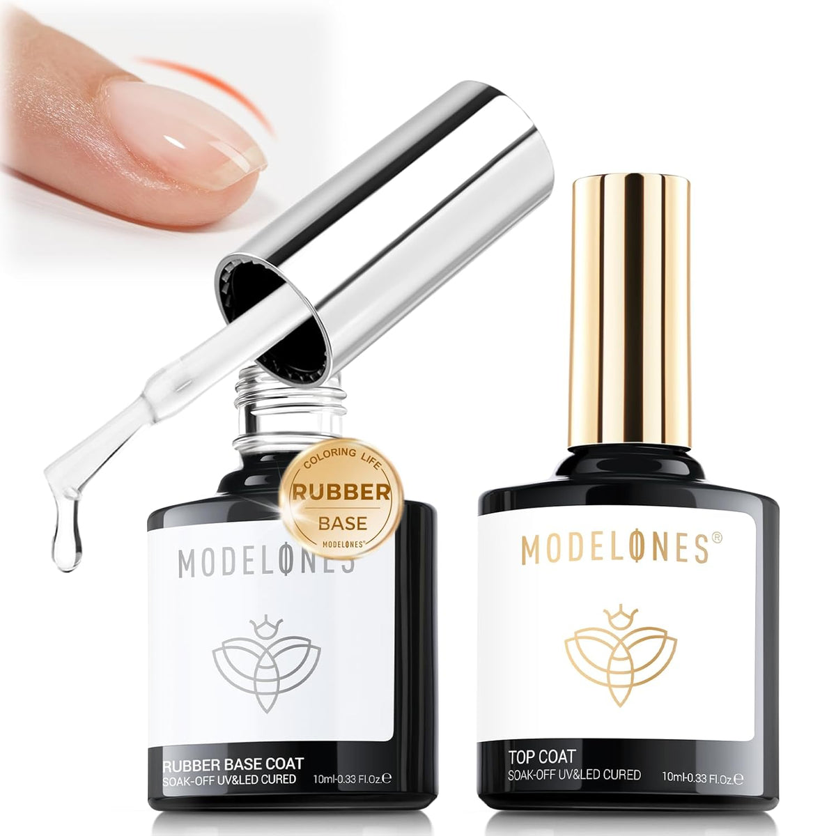modelones Rubber Builder Gel Base and No Wipe Top Coat Set, 2Pcs Rubber Base and Clear Top Coat Gel