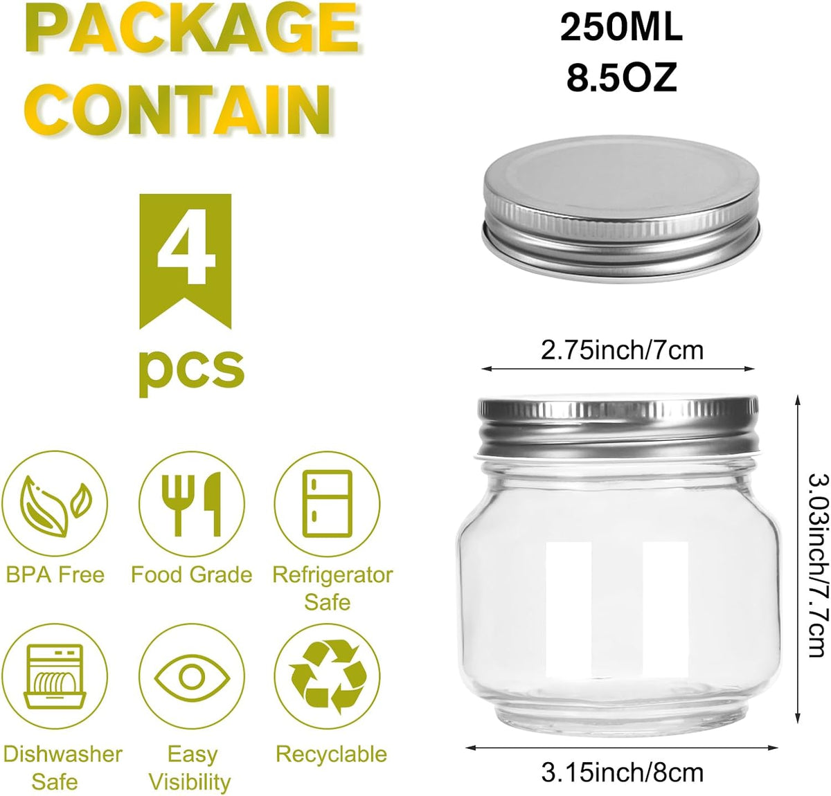 Glass Mason Jars, 4 Pack 8.5oz Clear Glass Regular Mouth Canning Jars with Lids for Sealing, Ideal