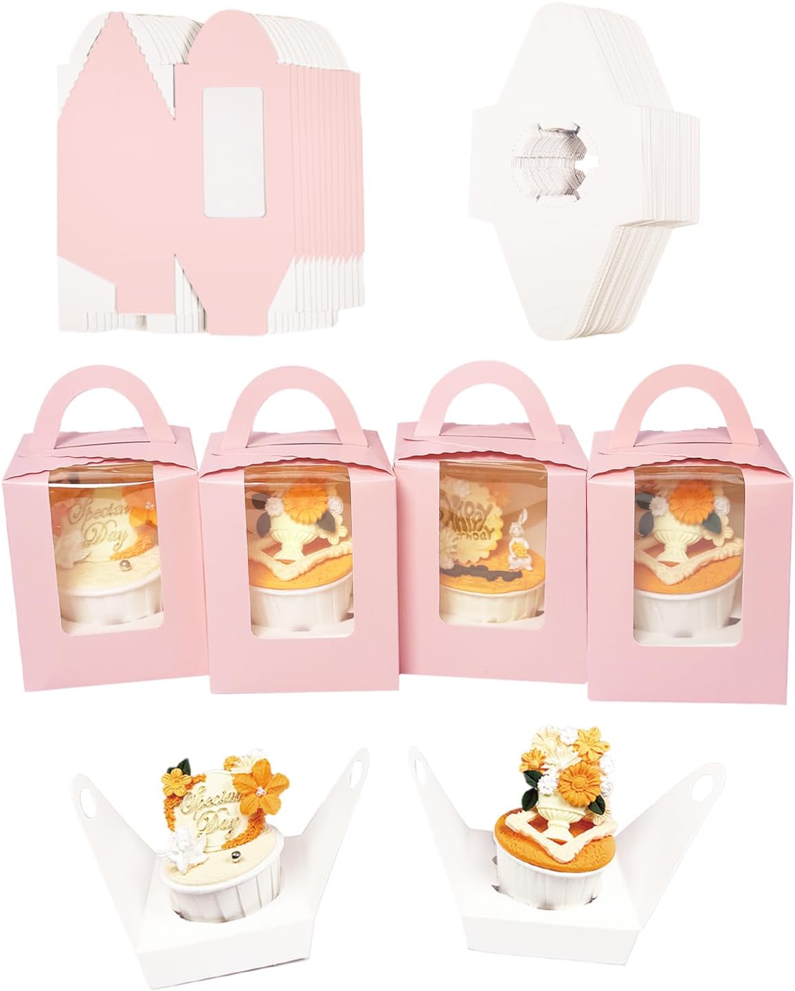 Bakepacker Auto-pop up Individual Cupcake Boxes with Window 25 Count Pink Single Cupcakes Box 3.6 x
