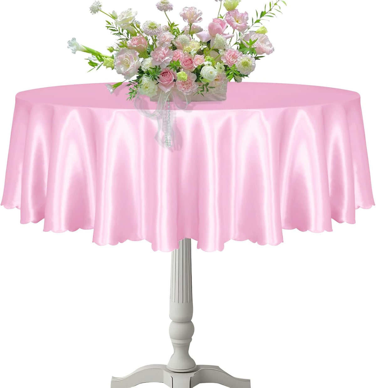 KKJIAF 1 Pack 60 Inch / 5ft Round Table Cloth, Light Pink Overlay Round Satin Table Cover, Silky