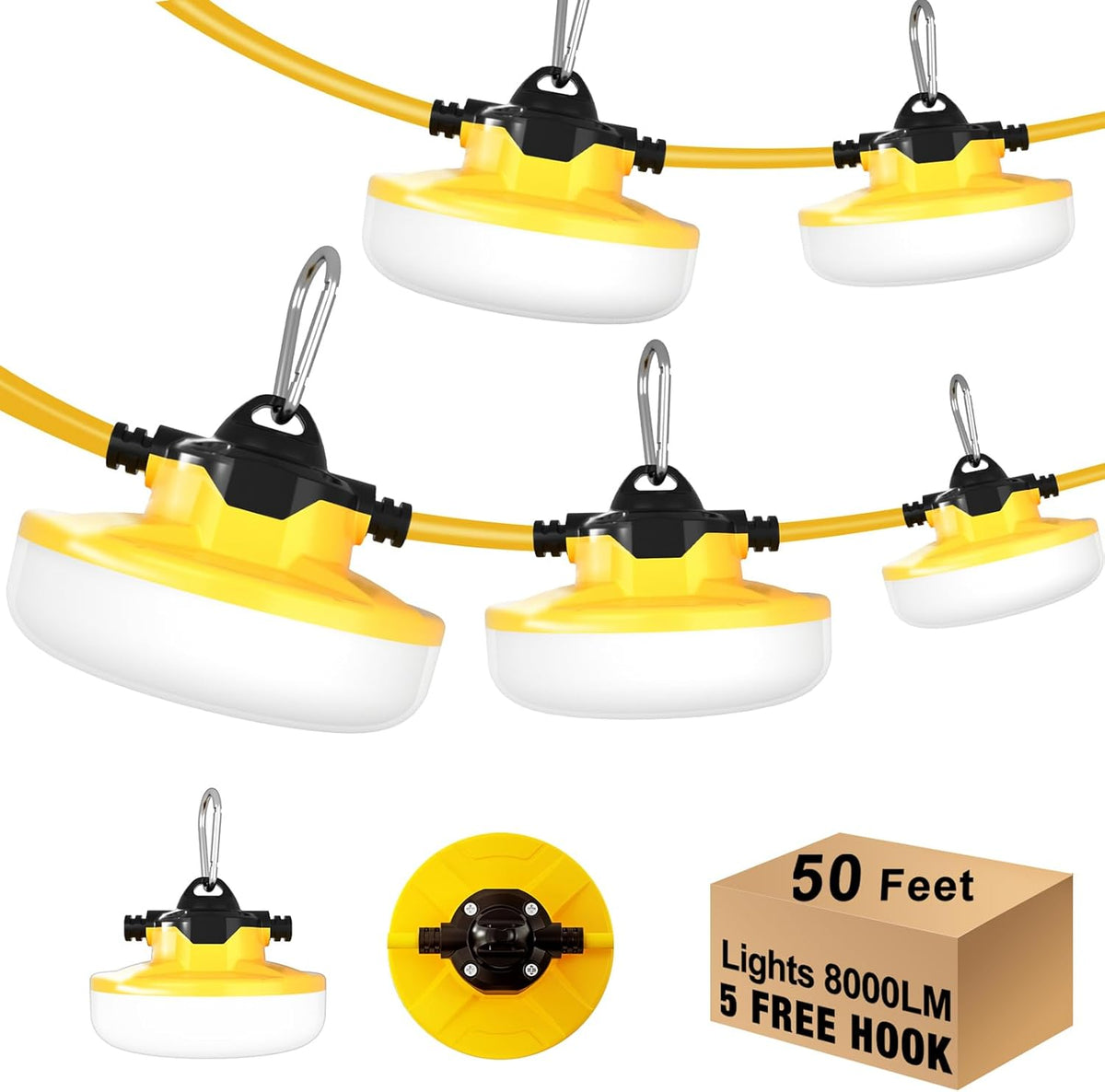 LED Construction String Light 50FT, 65W 8000Lm Industrial LED String Work Lights with 5 Bulbs