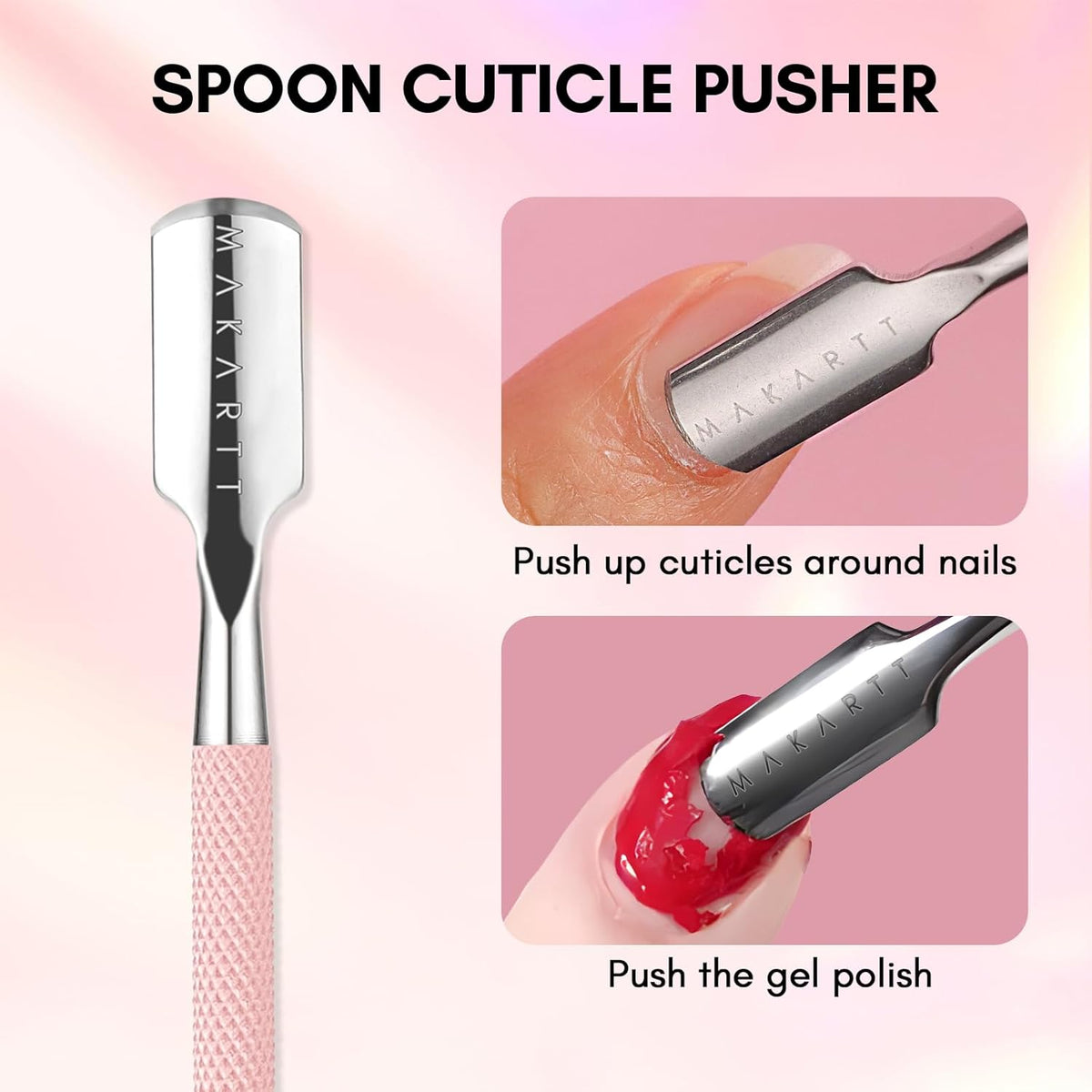 Makartt Cuticle Pusher, Pink Cuticle Remover, Professional Stainless Steel Nail Cleaner Dual Ended