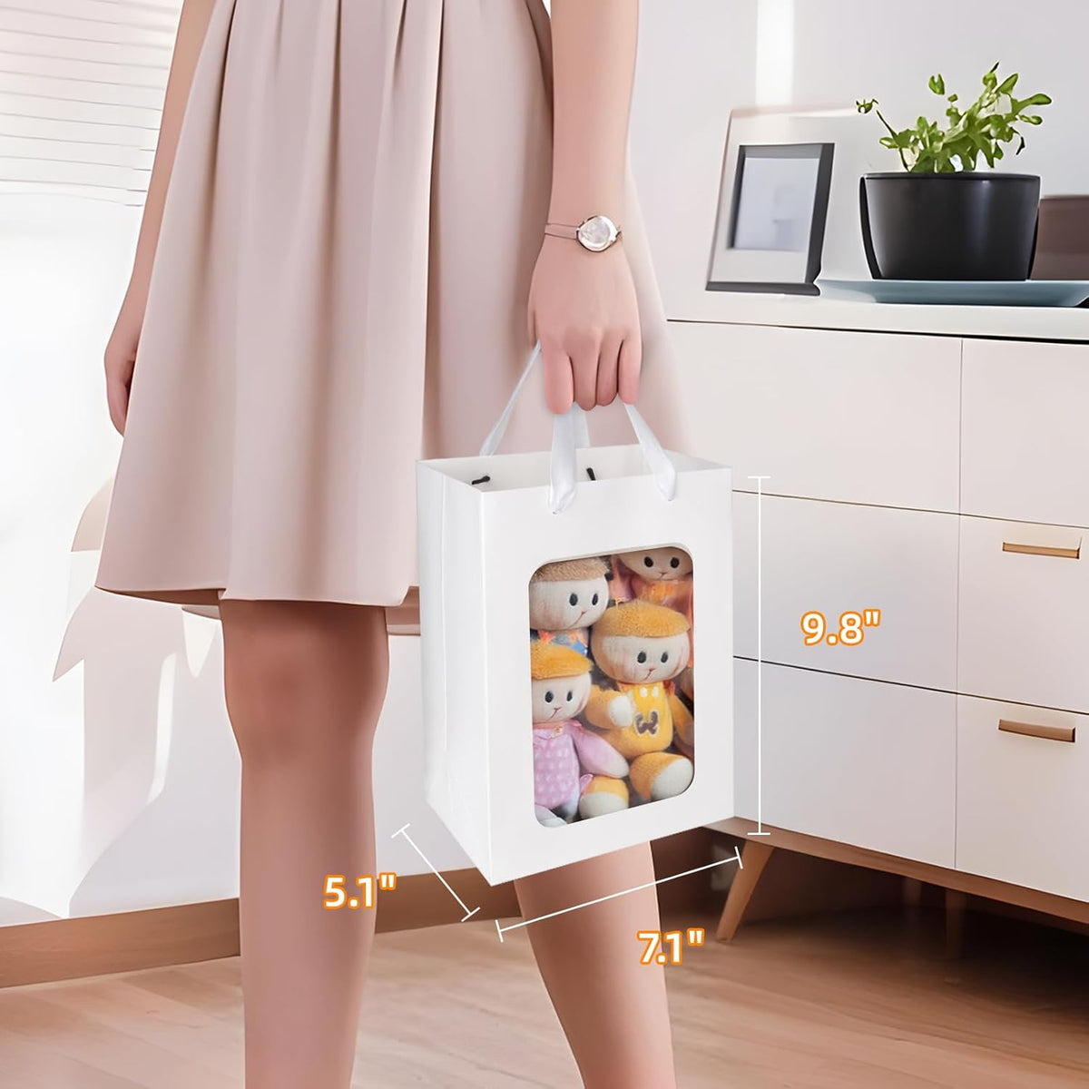 MOXARYSU 12 Pcs White Gift Bags with Clear Window: 9.8x5.1x7.1 Inch Medium Kraft Paper Bags with
