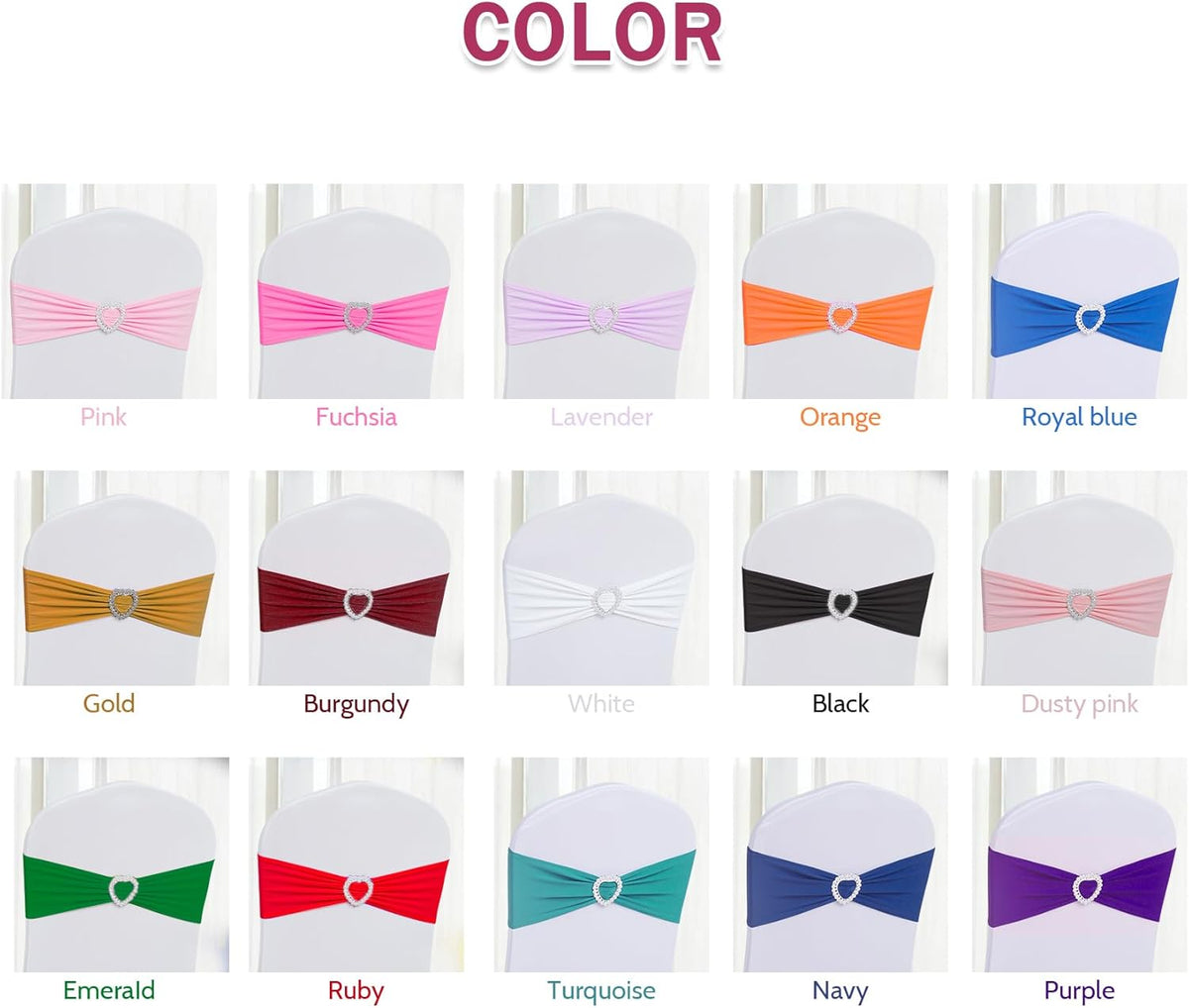 Howhic Pack of 60 Spandex Chair Sashes Bows Stretch Chair Cover Band with Buckle Slider Universal