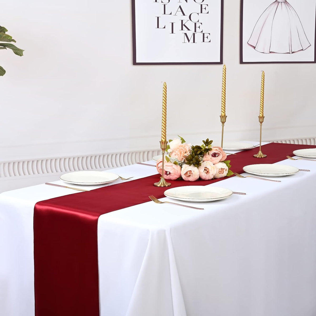20 Pack Burgundy Satin Table Runner,12 x 108 inch Long Premium Smooth Burgundy Table Runners for