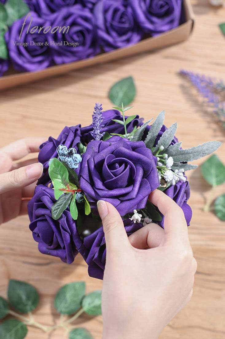 Floroom Artificial Flowers 50pcs Real Looking Dark Purple Foam Fake Roses with Stems for DIY