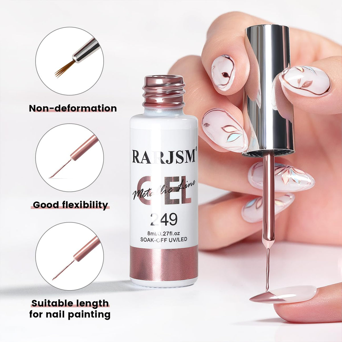 RARJSM Metallic Gel Liner Nail Art Rose Gold 3D Mirror Chrome Effect Gel Nail Polish 8ml Painting