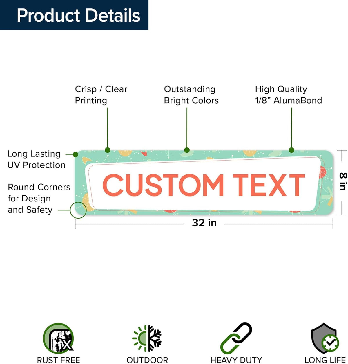 Custom Sign, Custom Street Sign, 11 Font Colors, 13 Font Styles, 4 Hole Options, 22 Sizes, 8x32