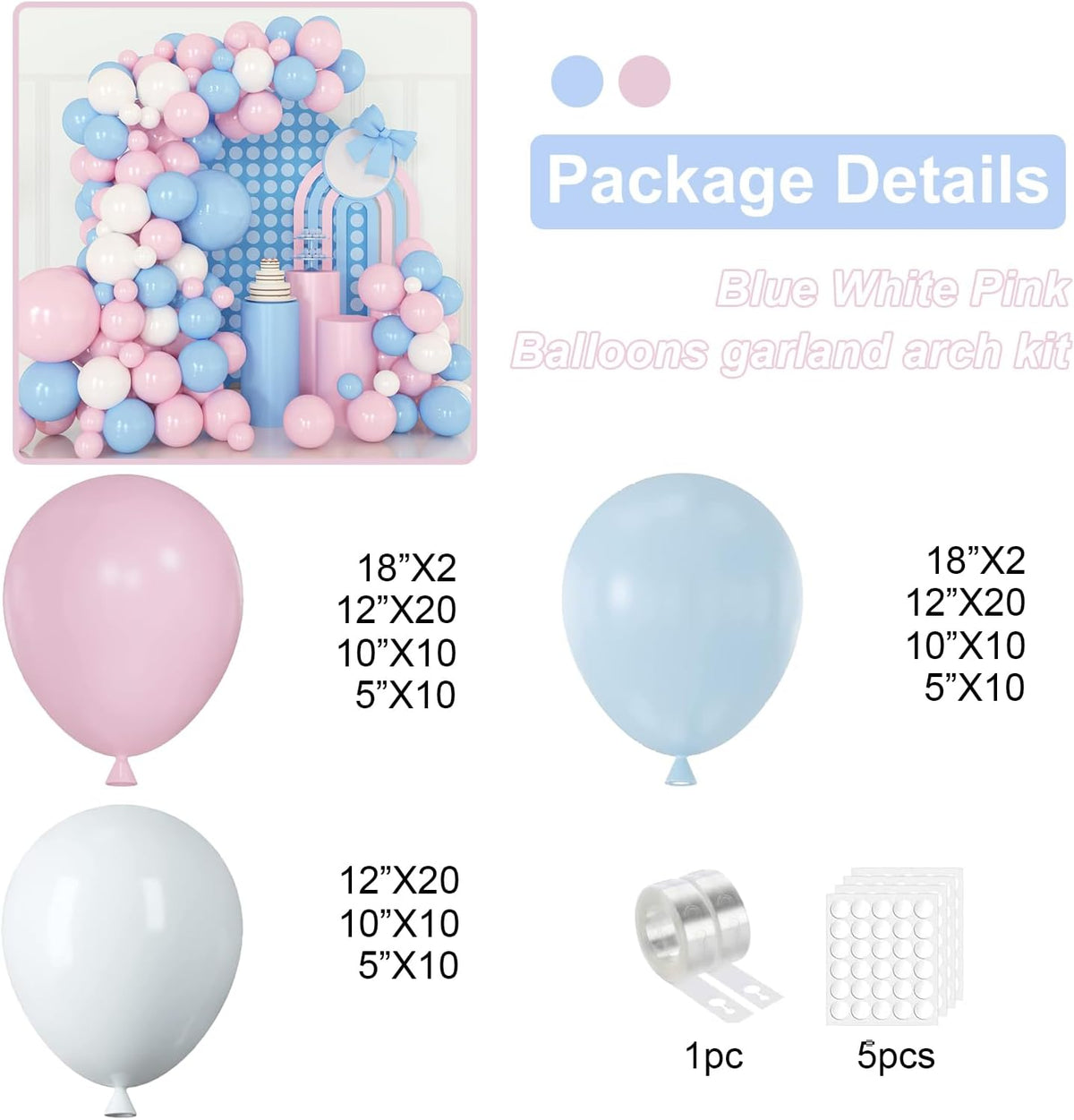 Pink and Blue Balloons Garland Kit, 124pcs Pink White Blue Latex Balloons Arch for Birthday, Baby