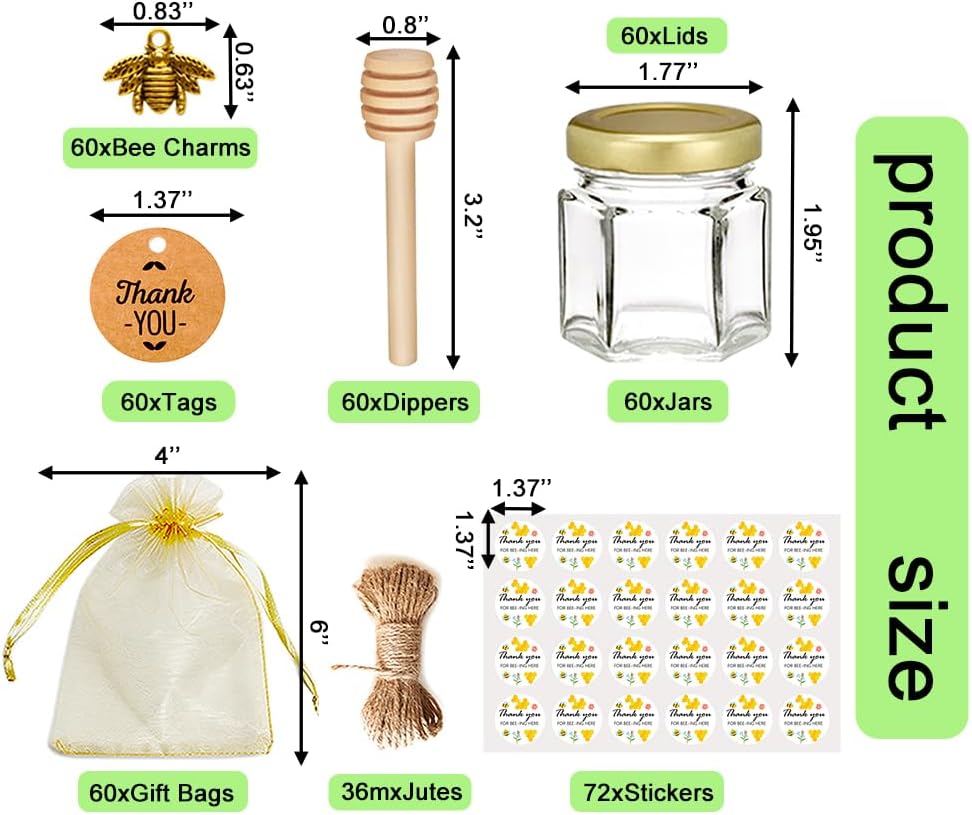 Adabocute Mini Honey Jars with Dipper - Hexagon Honey Pot Set with Gold Lid, Bee Pendants, Jutes
