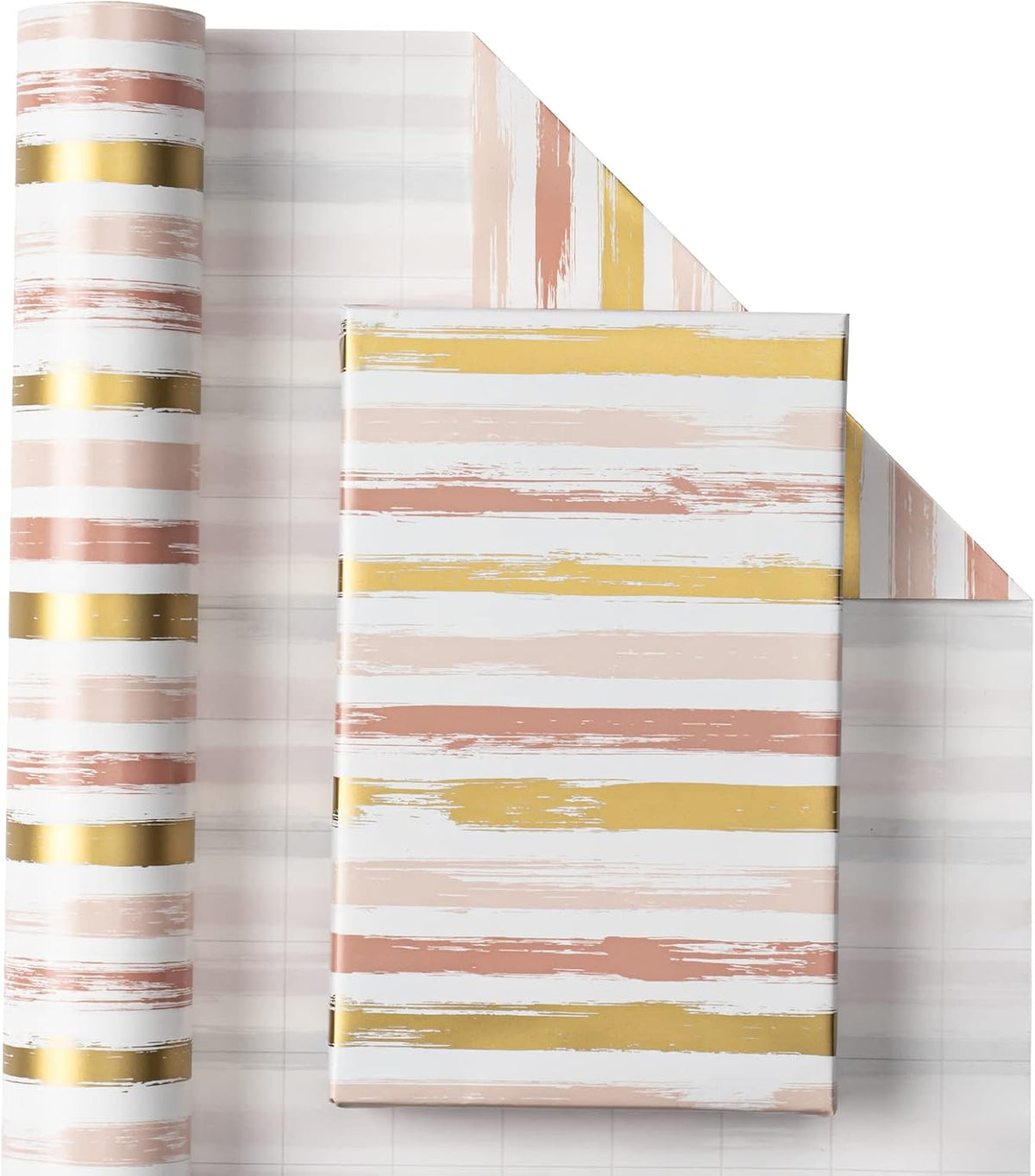 WRAPAHOLIC Reversible Pink Wrapping Paper - Mini Roll - 17 Inch X 33 Feet - Pink Gold Lines and