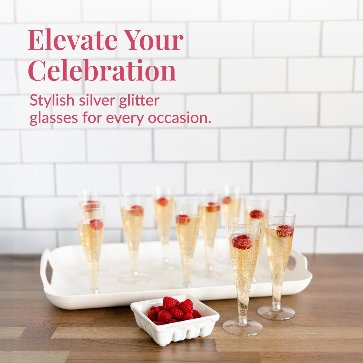 Prestee 24 Champagne Flutes Plastic - Disposable Flute - Silver Glitter Plastic Glasses for Parties