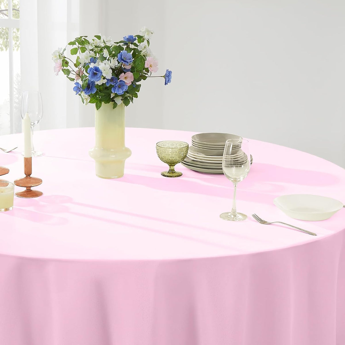 Round Tablecloth 2 Pack 108 Inch Pink Tablecloths Washable Decorative Linen Polyester Table Clothes