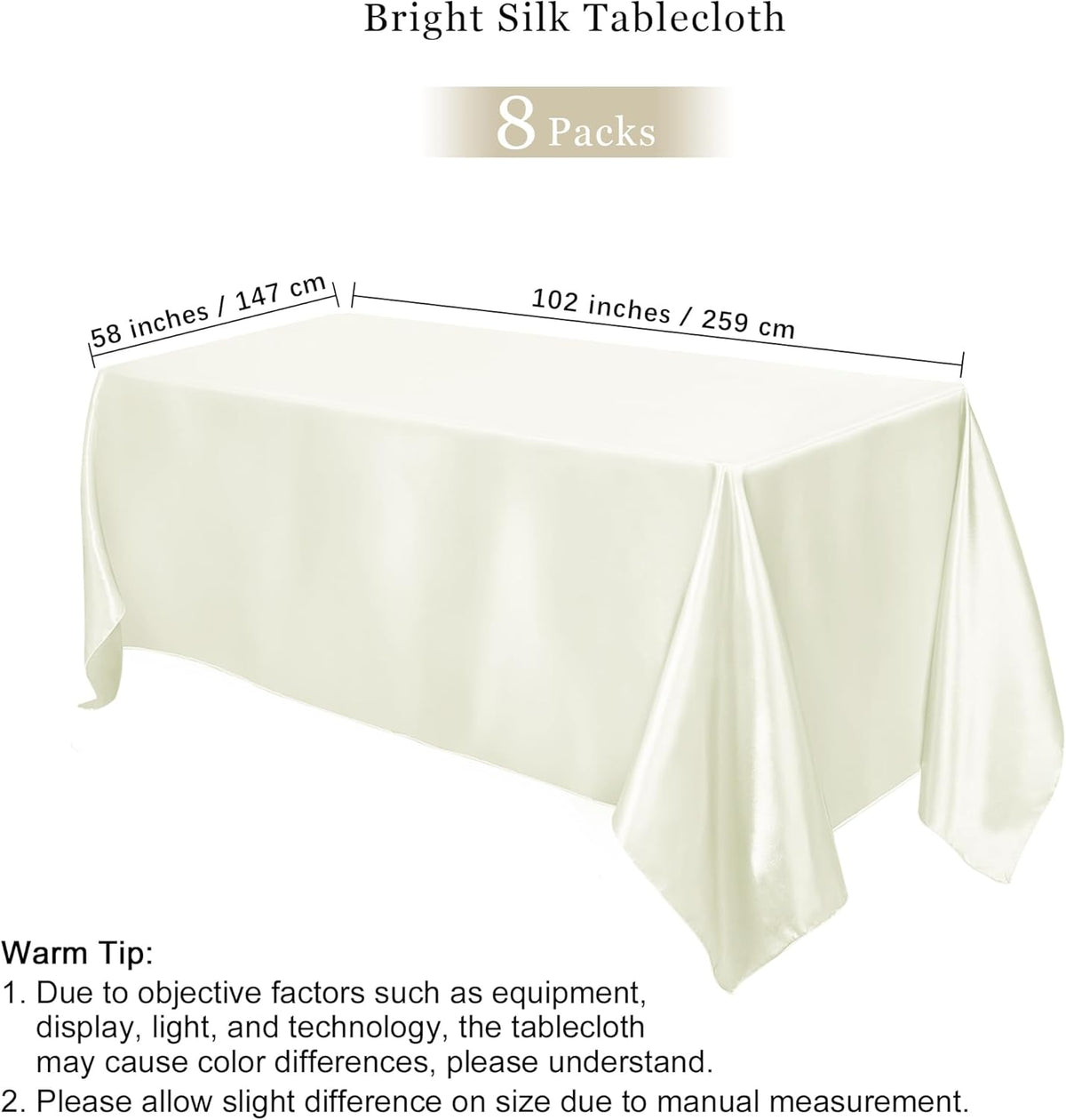 TURSTIN 8 Packs Ivory Satin Tablecloth 102 x 58 Inch Overlay Satin Table Cover Rectangle Bright