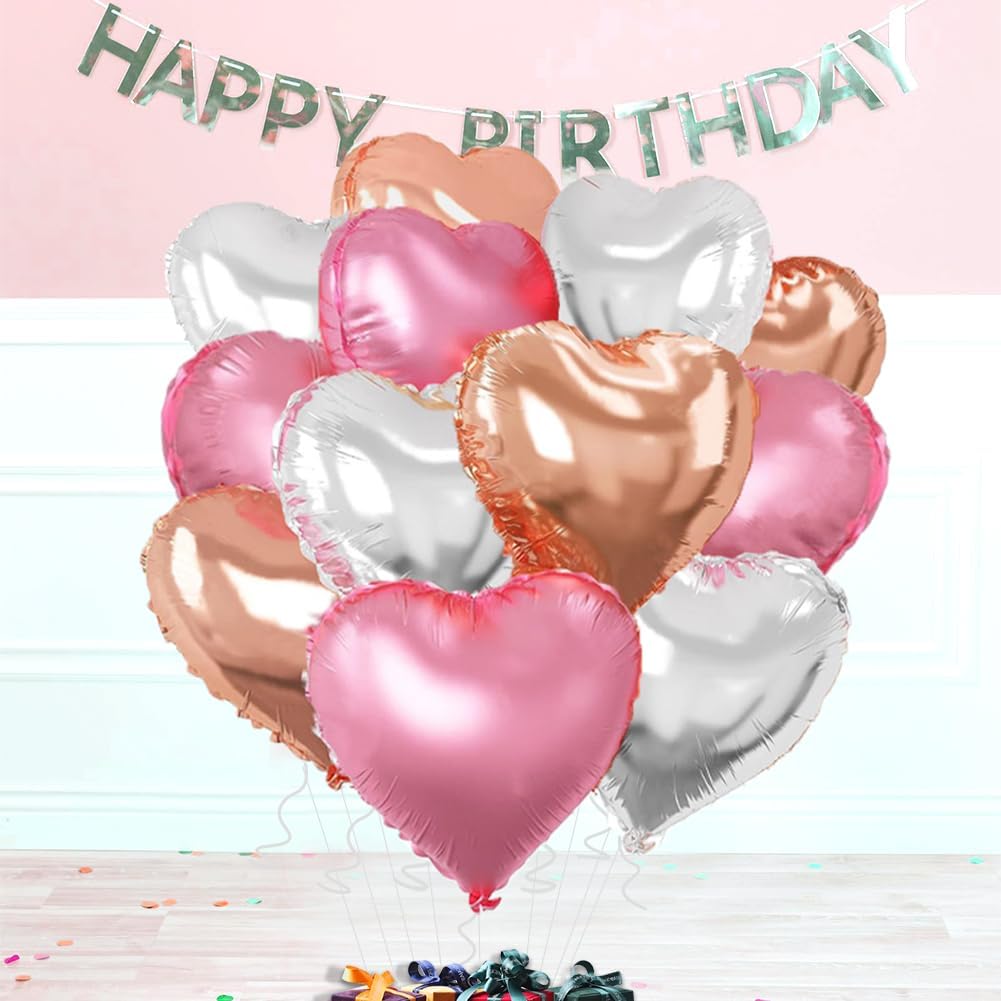 Rose Gold & Silver Heart Balloons，18 Inch Light Pink Foil Love Heart Shaped Balloons for Birthday
