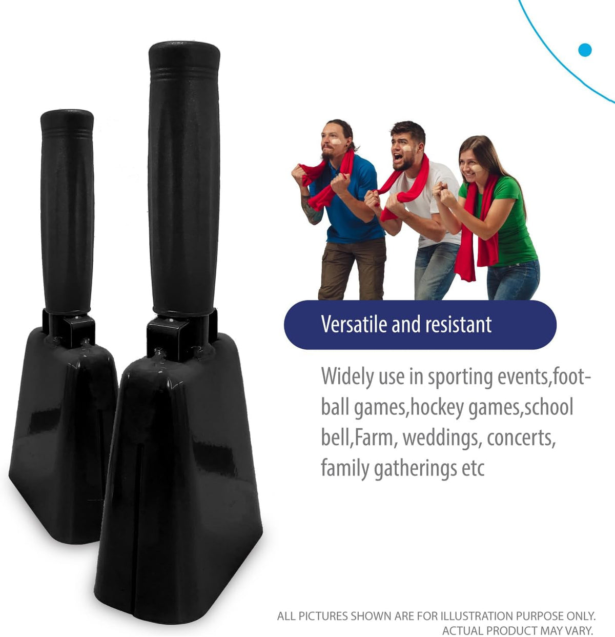Deke Home - 2 Pack 7 Inch Steel Cowbells with Handle, Loud Noise Makers for Football, Sports