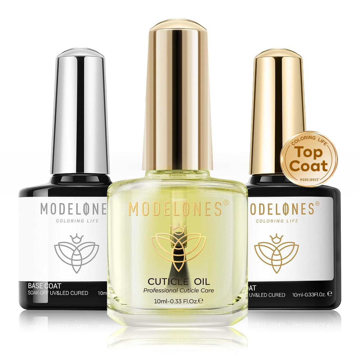 modelones 3 Pcs Gel Top Coat & Base with Cuticle Oil Set,10 ml Cuticle Protectors Set Gel Nail
