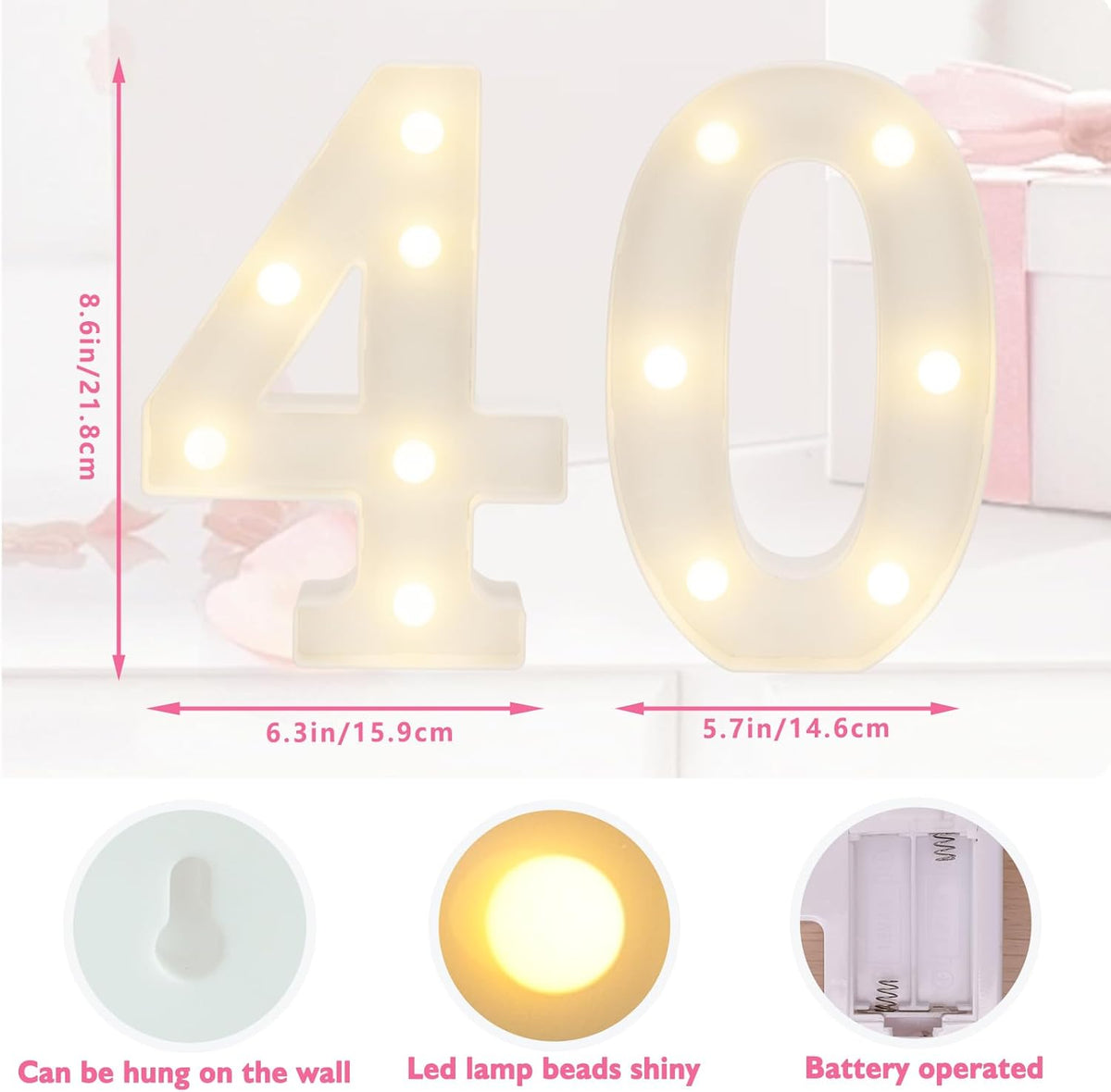 LED Marquee Letter Lights, Decorative Light Up Numbers for 40th Birthday Party, Battery Operated