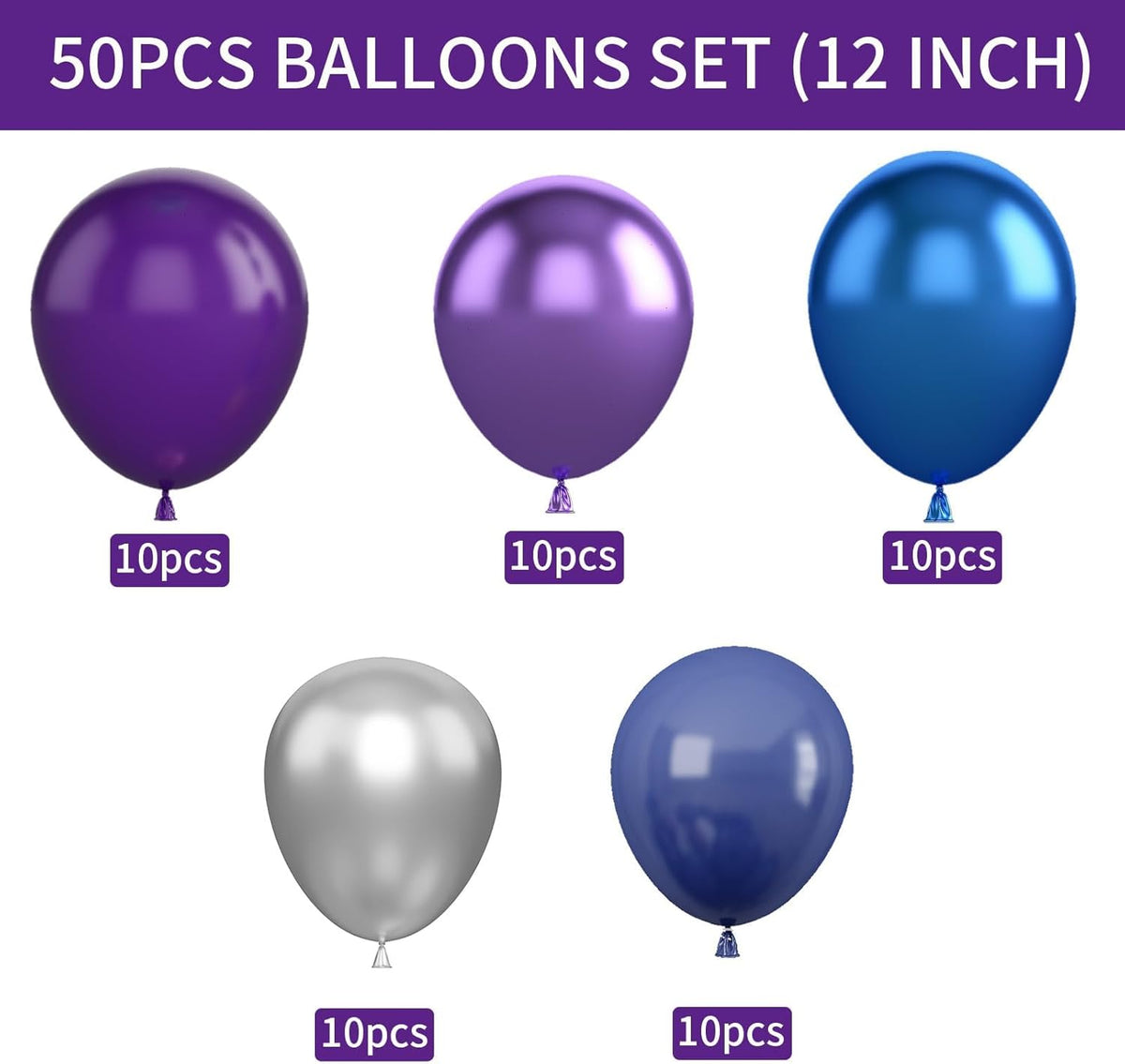 Purple and Blue Balloon Set, 50 PCS 10 Inch Space Theme Party Supplies, Navy Blue Purple Silver