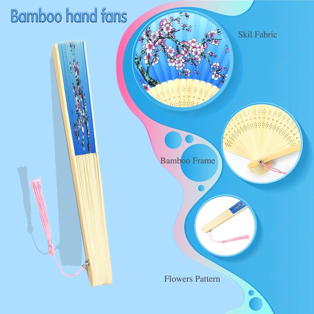 HUNANBANG 4 Pieces Oriental Bamboo Folding Hand Fans Church Wedding Gift, Party Favors, DIY