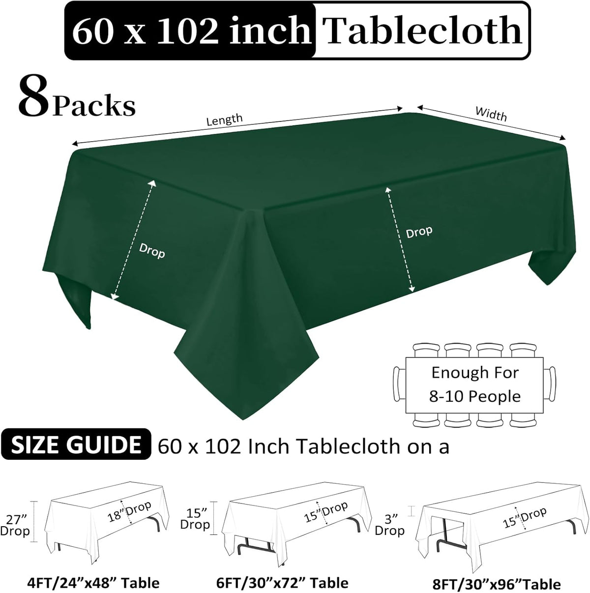 8 Pack Dark Green Tablecloth 60 x 102 Inch Rectangular Tablecloths for 6 Foot Rectangle Tables