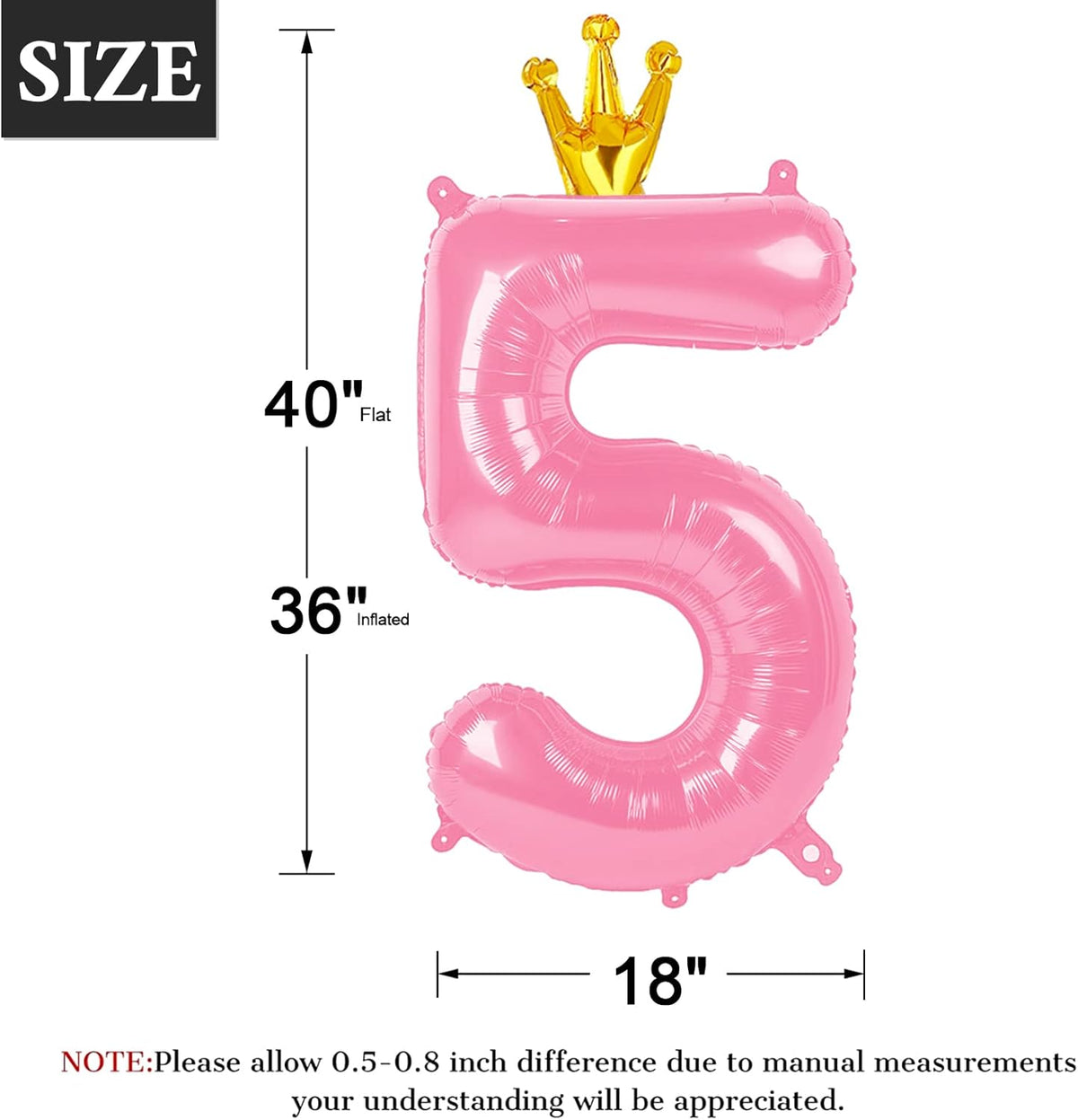 Large Pink Crown 40 Inch Birthday Number 5 Balloon, Pink Crown Five 5th 15 25 35 50 55 Birthday